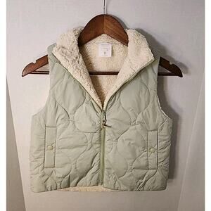 Crew Cuts Quilted Down Vest Sage Green/Cream Full Zip Pockets Reversible Size L